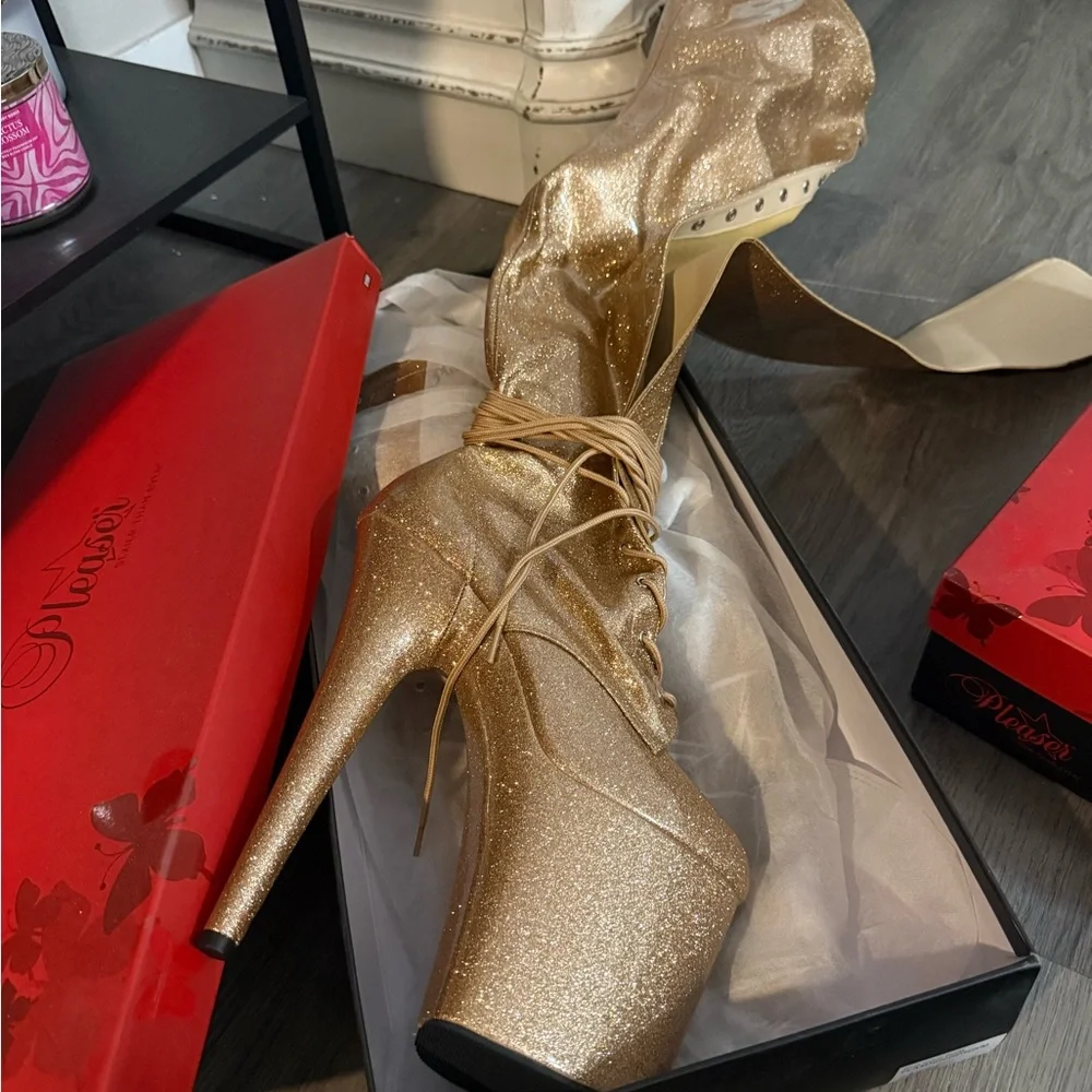Pleaser Gold 8” Thigh High Boots - Picture 2 of 3